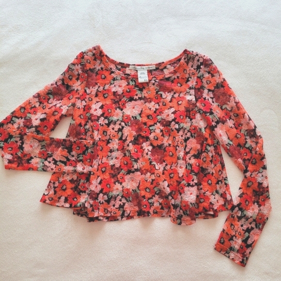 Sheer Mesh Pink Red Micro Flora Cropped Swing Top By American Rag - EXTRA SMALL - Picture 1 of 7